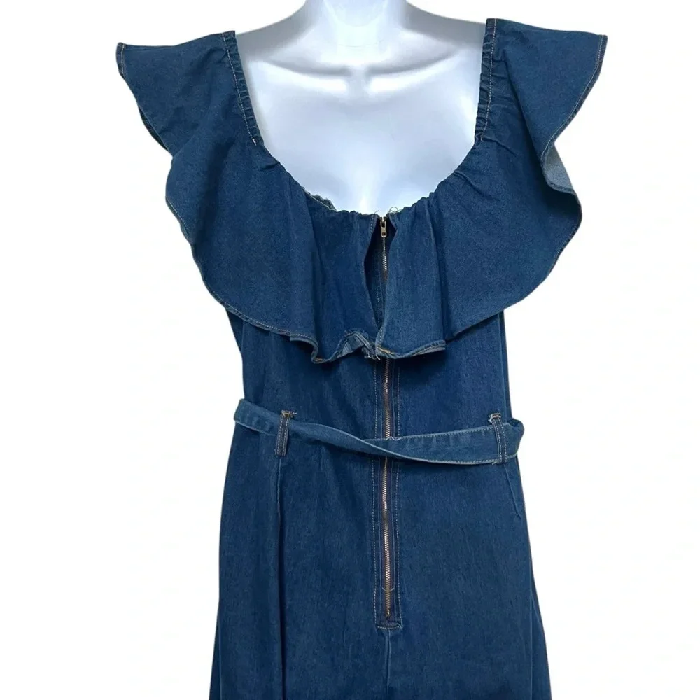 Denim Wide Leg‎ Ruffle Neckline Jumpsuit Size 3XL